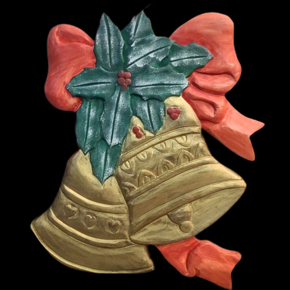 Vintage Wood Christmas Wall Plague Gold‎ Bells Poinsettias Red Bow Hand Painted